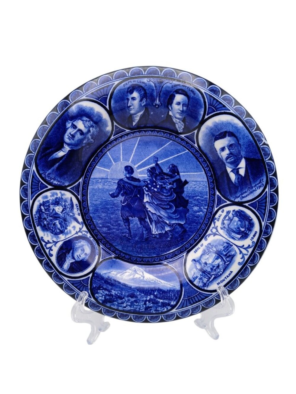 1905 Lewis & Clark Centennial Staffordshire Souvenir Plate Blue White 10"
